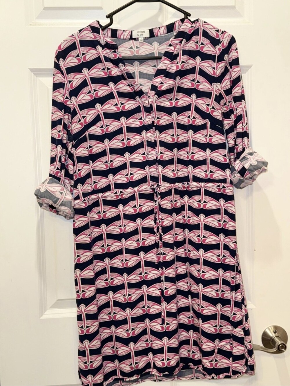 crown & ivy Navy Dress with Pink Dragonfly Pattern